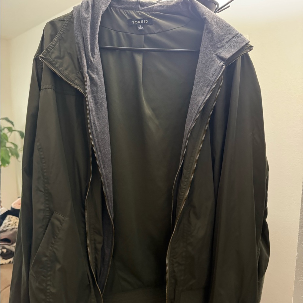 Torrid Olive Green Bomber Jacket with Gray Hood